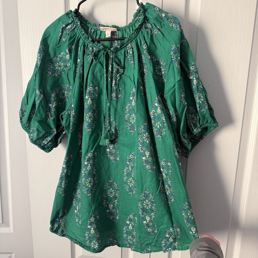 Green Paisley Blouse Women’s XXL Cotton Boho Puff Sleeve Cottagecore Floral Top